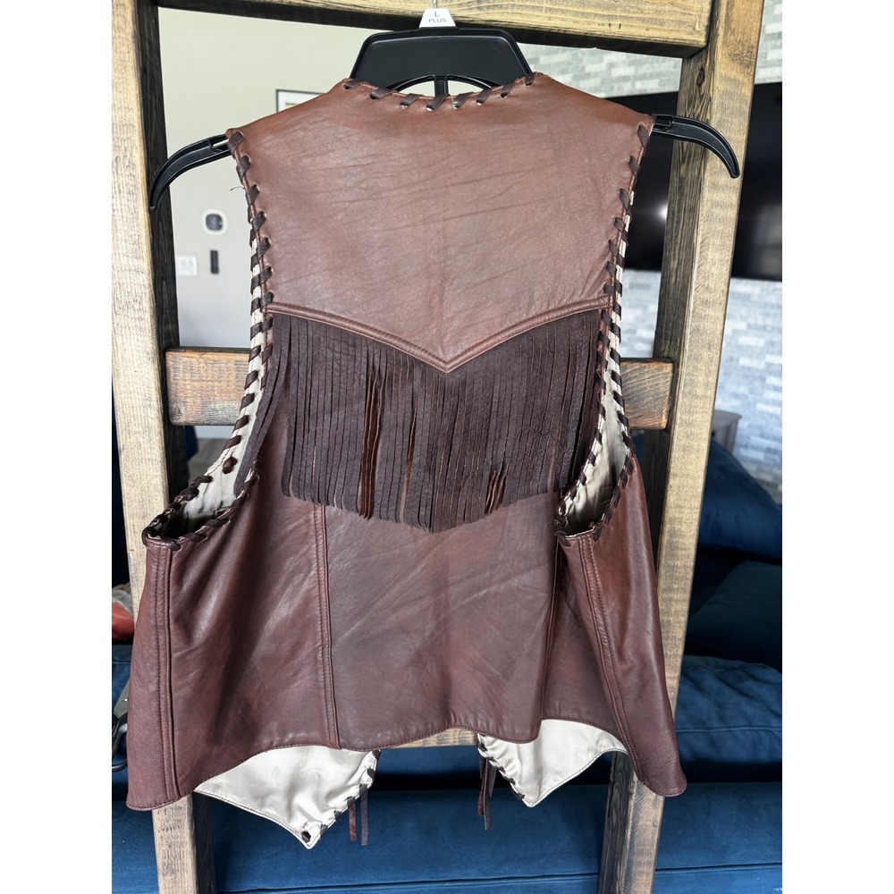 Vintage Bull Genuine Leather Western Fringe Vest Southwestern Whipstitch Mens L - Picture 7 of 15